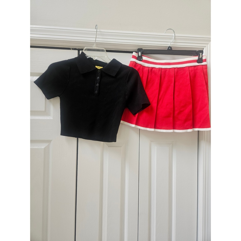 Daisy 2 Piece Set Black Crop Polo Top and Red Pleated Mini Skirt Cheer Preppy